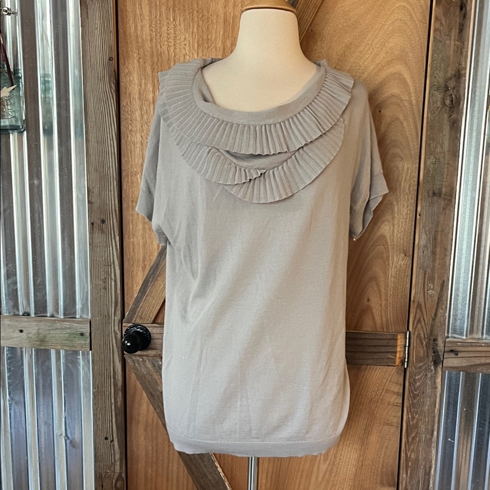 LOFT Gray Pleated Neck Blouse L